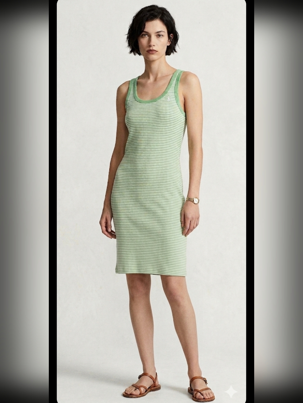 Vintage Ralph Lauren Lime Green and White Striped Midi Tank Dress Pony Size Lg